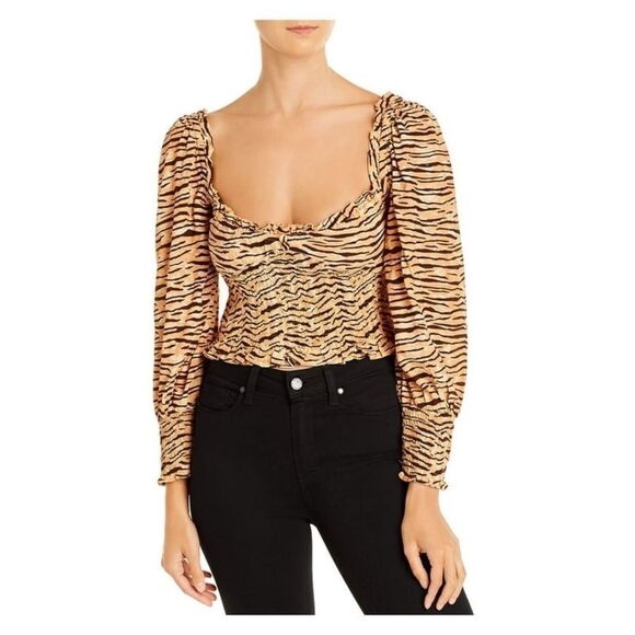 Faithfull The Brand Zebra Print Smocked Ruffled Top - Picture 2 of 13